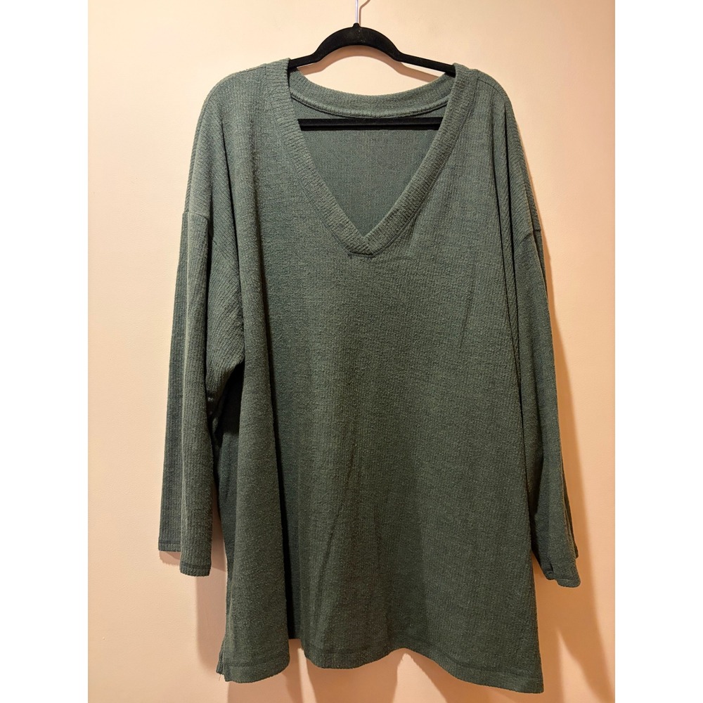 Green V Neck Long Sleeve Plus Size 4x Sweatshirt Pullover Relaxed Lounge Cozy